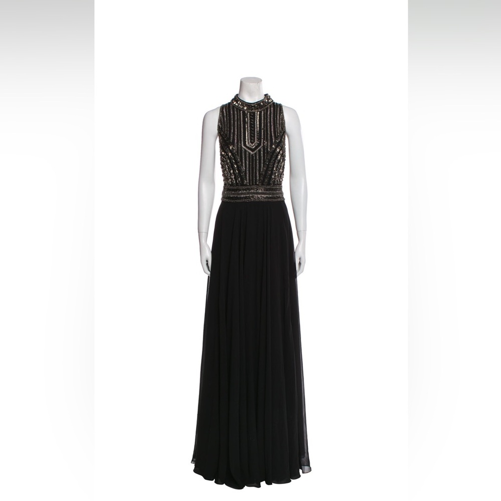 Theia Sleeveless Cutaway gown, silver beaded top & black chiffon bottom, size 4